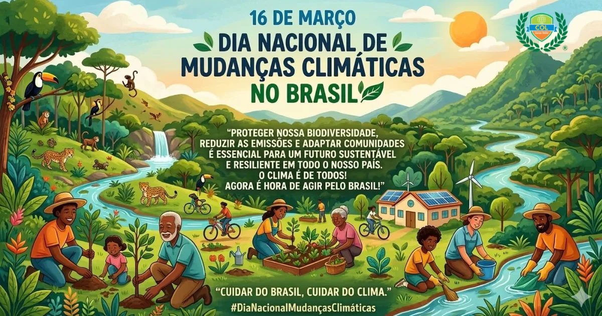 Ilustração colorida e educativa sobre o Dia Nacional de Mudanças Climáticas no Brasil. A imagem mostra pessoas de diferentes idades plantando árvores, cuidando de uma horta, instalando painéis solares e limpando um rio. Ao fundo, uma paisagem exuberante com florestas, montanhas, animais da fauna brasileira e turbinas de energia eólica, simbolizando a união entre sociedade e natureza para um futuro sustentável.