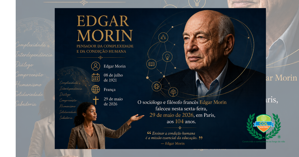 Imagem em homenagem a Edgar Morin (1921–2026), antropólogo, sociólogo e filósofo francês, criador do Pensamento Complexo e uma das maiores referências mundiais da educação humanista.